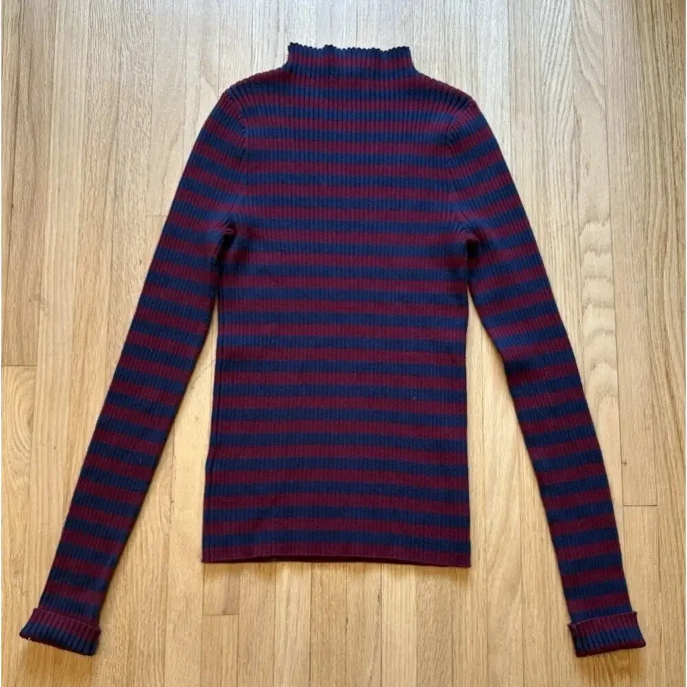 MADEWELL Mock-neck Sweater in Stripe Long Sleeves Dark Red/Navy Combo Sz S